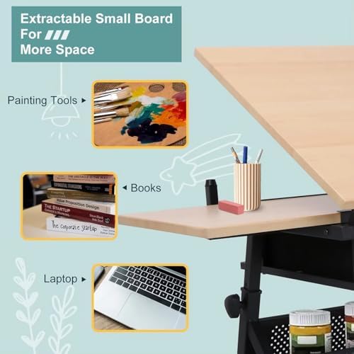 Drawing Tilting Tablet,(Wood Drafting Table & Stool Set Artist Desk, 0°-45° Tilted Tabletop, （26.8"-35.8"） Height Adjustable, Drawing Workstation)