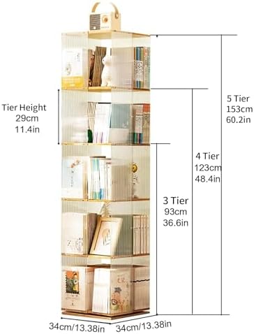 360° Rotating Bamboo Bookshelf Tower - 4-Tier Vertical Spinning Bookcase Stylish Wood Storage Display Rack for Living Room Office and Home Décor