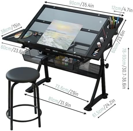 Drawing Tilting Tablet,(Drafting Desk with Stool Artist Drawing Table, 0°-80° Tilted Tabletop, 26.8"-36.2" Height Adjustable Work Surface for Reading, Writing, Crafting, Painting Art (Color