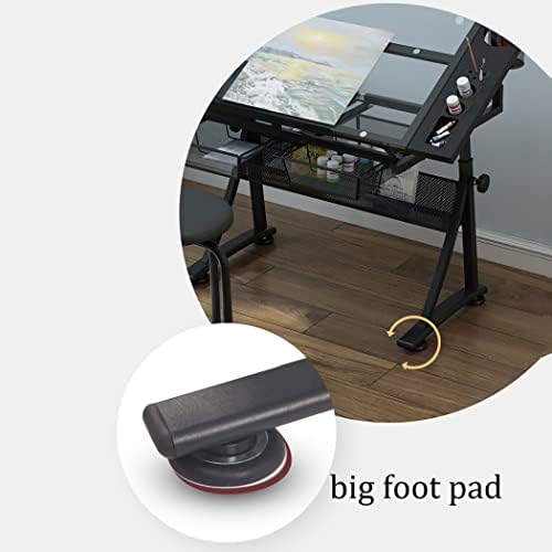 Drawing Tilting Tablet,Artists' Drafting Table with Stool - Height Adjustable, Tempered Glass Top, 2 Drawers - Tiltable Draft Desk for Reading, Drawing, Writing - Work Station for Artists -