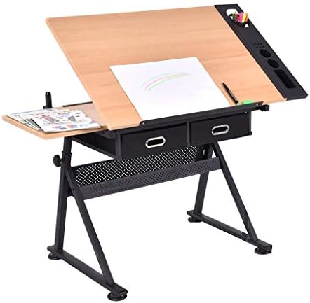 Drawing Tilting Tablet,Drafting Desk, Height Adjustable Drawing Desk, Tiltable Craft Table with Storage, Maple Panel Art Desk, for Home Office Drafting Table