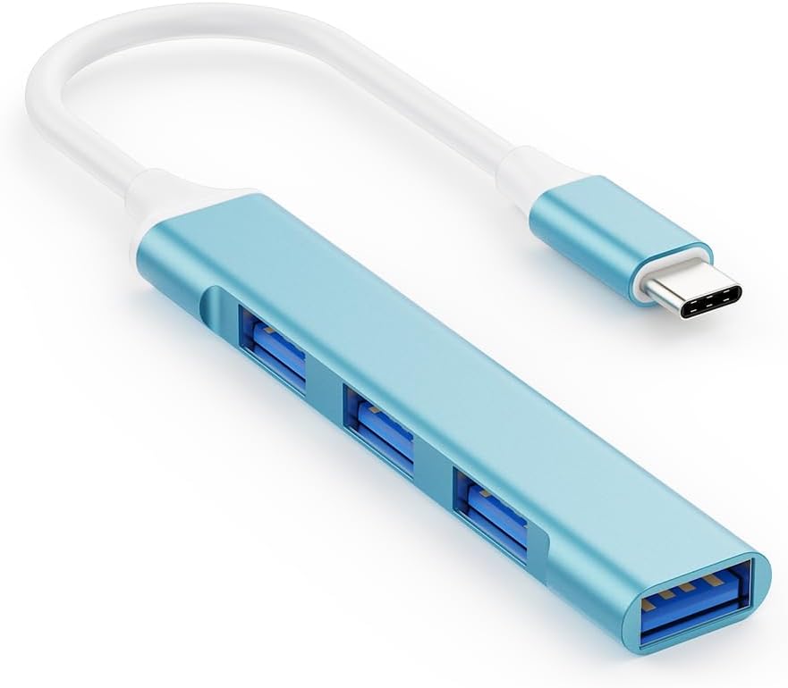 Mac USB C Adapter - Type C USB Adapter Hub with 4 Ports: 1 USB 3.0 + 3 USB 2.0, Ultra-Slim Aluminum Design, 5Gbps Transfer, Adapter for Mac USB C, Type C USB Hub (Light Blue)
