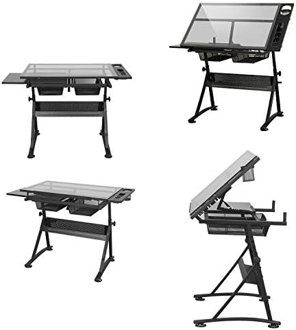 Drawing Tilting Tablet,Drafting Desk, Drafting Table with Storage, Height Adjustable Tiltable Art Desk, Glass Panel Drawing Desk, for Work Study Painting Craft Table