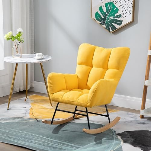 Fashion Wingback Rocking Chair Office Lounge Chair Adults Reading Chair Relax Chair Comfy Upholstered Rocker Armchair with Solid Wood Legs for Home Living Room Bedroom