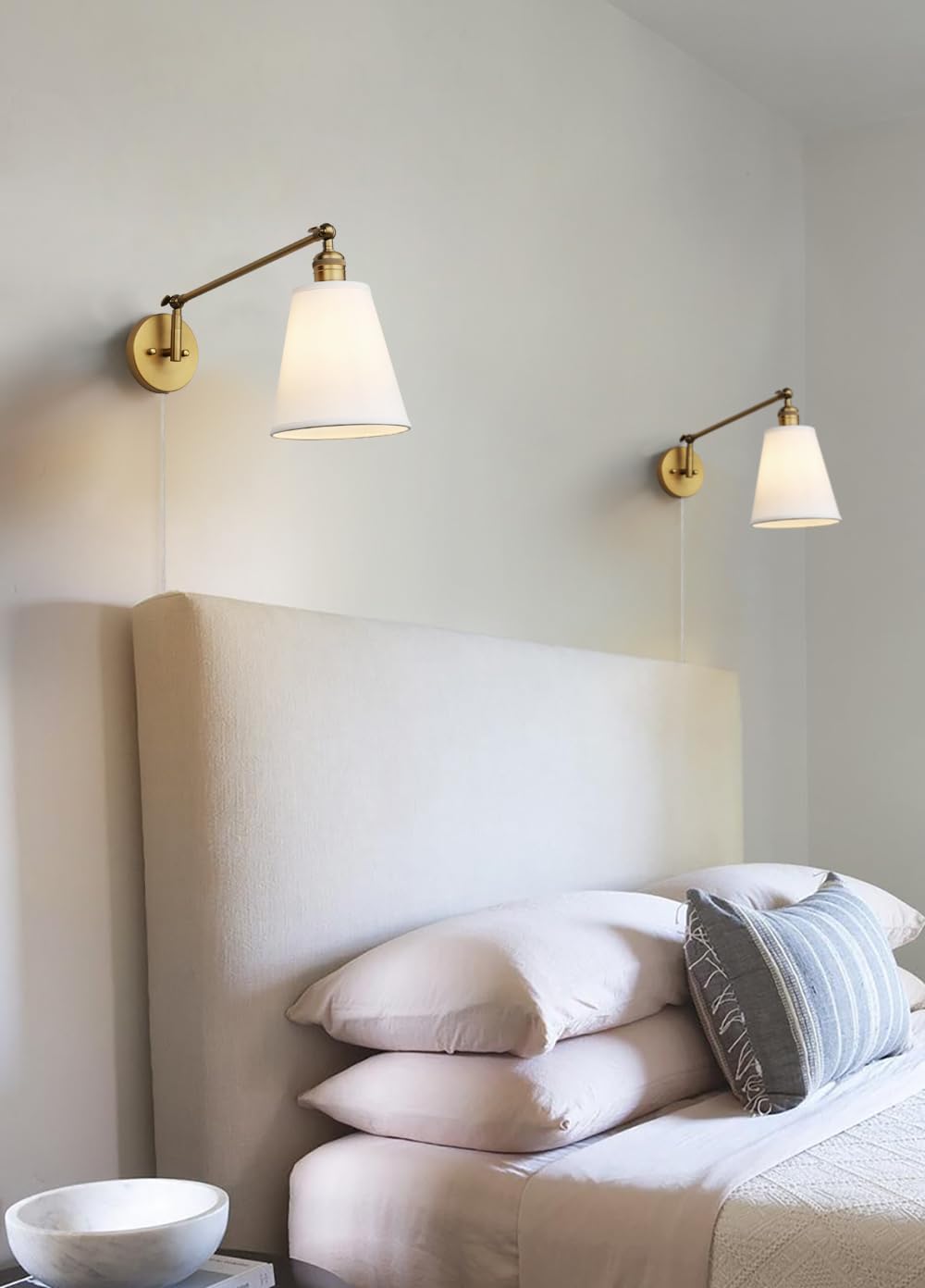 PERMO Retro Swing Arm Wall Sconce Plug in Wall Lamp Single Sconce Light Fixture with White Fabric Shade for Bedroom Living Room Home Office