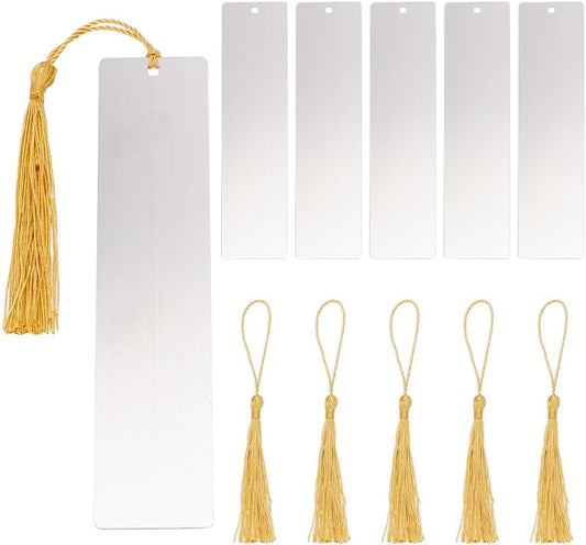 FINGERINSPIRE 6 Set Metal Blank Bookmark with Hole Stainless Steel Rectangle Bookmark with Gold Tassel DIY Blank Bookmarks Book Marks Page Markers for Student Teacher Book Lover DIY Project Gift