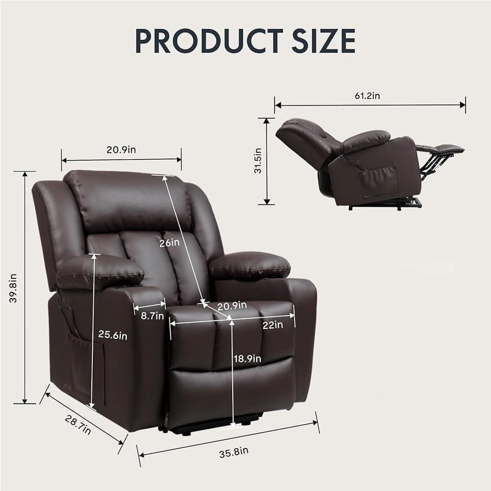 Electric Power Lift Recliner Chair for Seniors with Heat & Massage, Ergonomic PU Leather Sofa Recliner with Cup Holders, Side Pockets, Adjustable Back & Footrest for Living Room Comfort