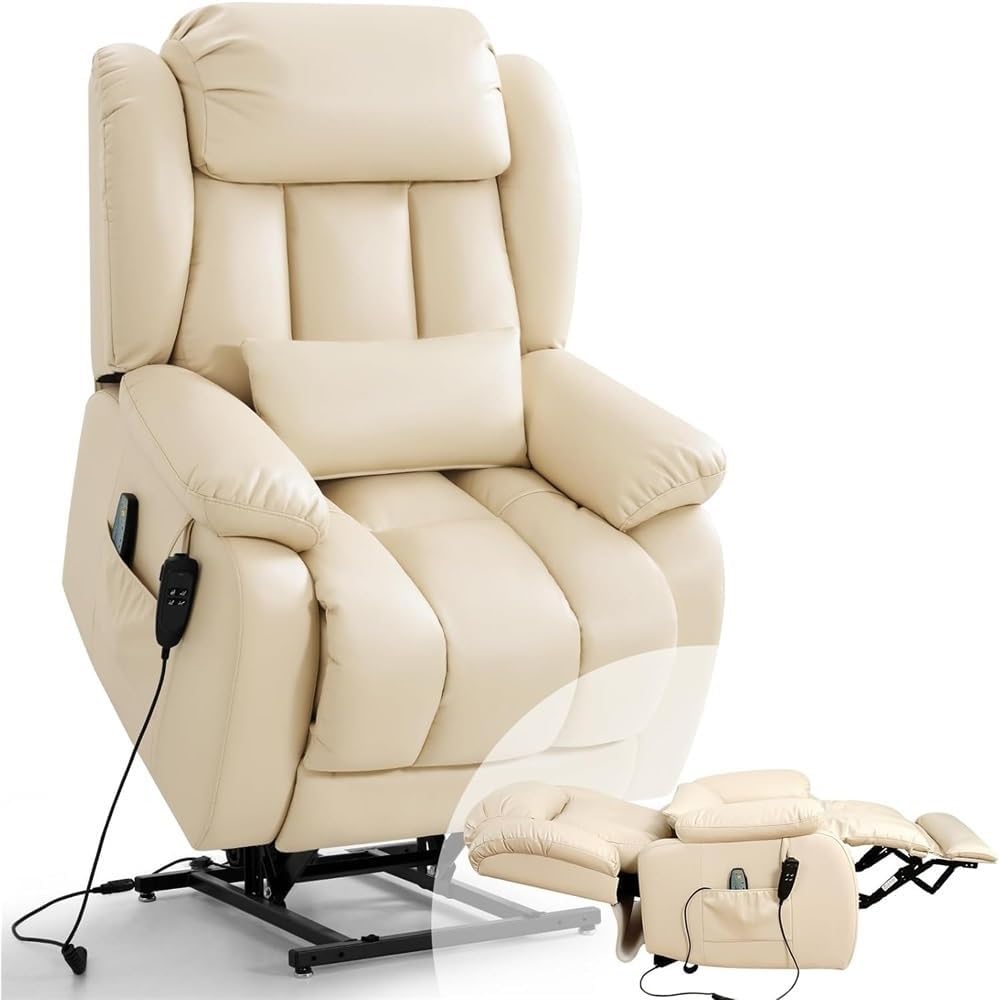 Dual Motor Infinite Position Power Lift Recliner Chair with Heating Massage and Extended Footrest for Adults Adjustable Lay Flat Recliner Leather Upholstery with Lumbar Support