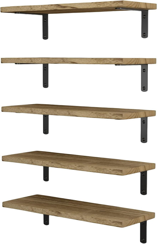 Wallniture Palma Floating Shelves for Wall, Rustic Wood Wall Shelves for Bedroom Storage, Natural Burned Small Bookshelf Set of 5