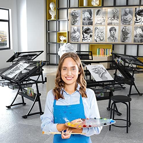 Drawing Tilting Tablet,Artists' Drafting Table with Stool - Height Adjustable, Tempered Glass Top, 2 Drawers - Tiltable Draft Desk for Reading, Drawing, Writing - Work Station for Artists -
