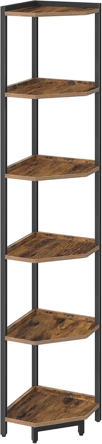 Corner Shelf Stand, Corner Bookshelf, Storage Standing Shelf Unit with Metal Frame, Plant Stand, Bookcase for Living Room, Home Office, Bedroom, 6-Tier Rustic Brown CS06001B