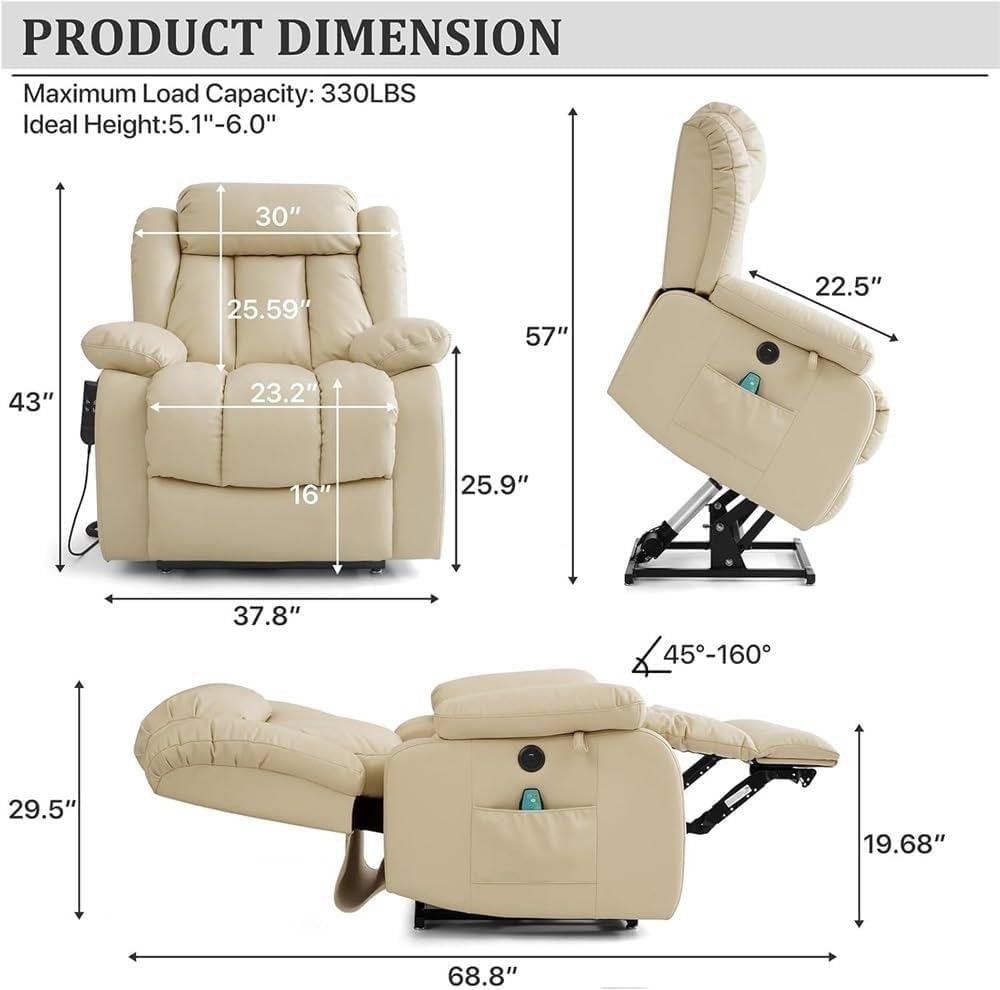 Large Power Dual Motor Lift Recliner Chair with Heated Massage Breathable Leather Electric Recliners Chairs for Living Room Home Theater