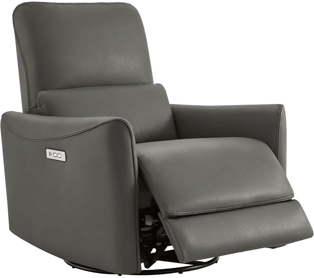 Modern Power Swivel Rocker Chair, Oversized Leather Power Recliner Chair with Charging Port, Comfortable Swivel Chair for Adults, Stylish Grey Reclining Sofa Chair