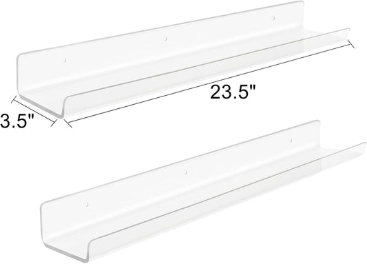 ROYALITA 24 Inches Acrylic Floating Book Shelves Wall Mounted Set of 2, Wall Hanging Plant Display Shelves, Room Decor Floating Wall Shelves for Gaming Room, Bedroom, Living Room, Office, Clear