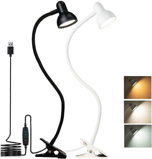 Clip on Light Reading Lamp 3000-6500K 10-Levels Brightness Clamp Light Eye Protection LED Desk Lamp 360° Flexible Gooseneck Book Light for Bed Bedside Headboard Home Office (White&Black)