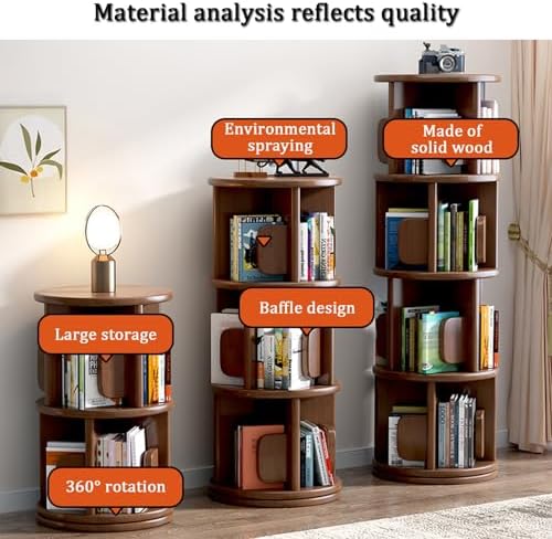 360° Rotating Bookshelf Tower with Bookends - Space-Saving Wooden Revolving Bookcase for Small Rooms, Round Display Storage Rack for Bedroom or Living Room.