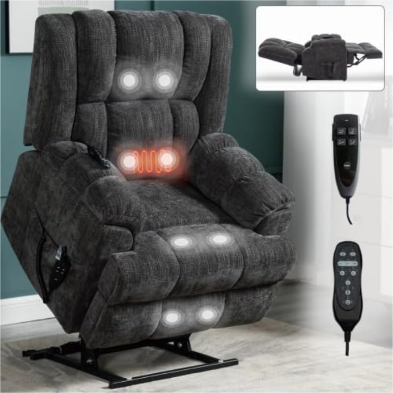 Dual Motor Power Lift Recliner Chair with Full-Body Vibration Lumbar Massage Heating Lay Flat Assisted Standing Chairs for Elderly Living Room Bedroom
