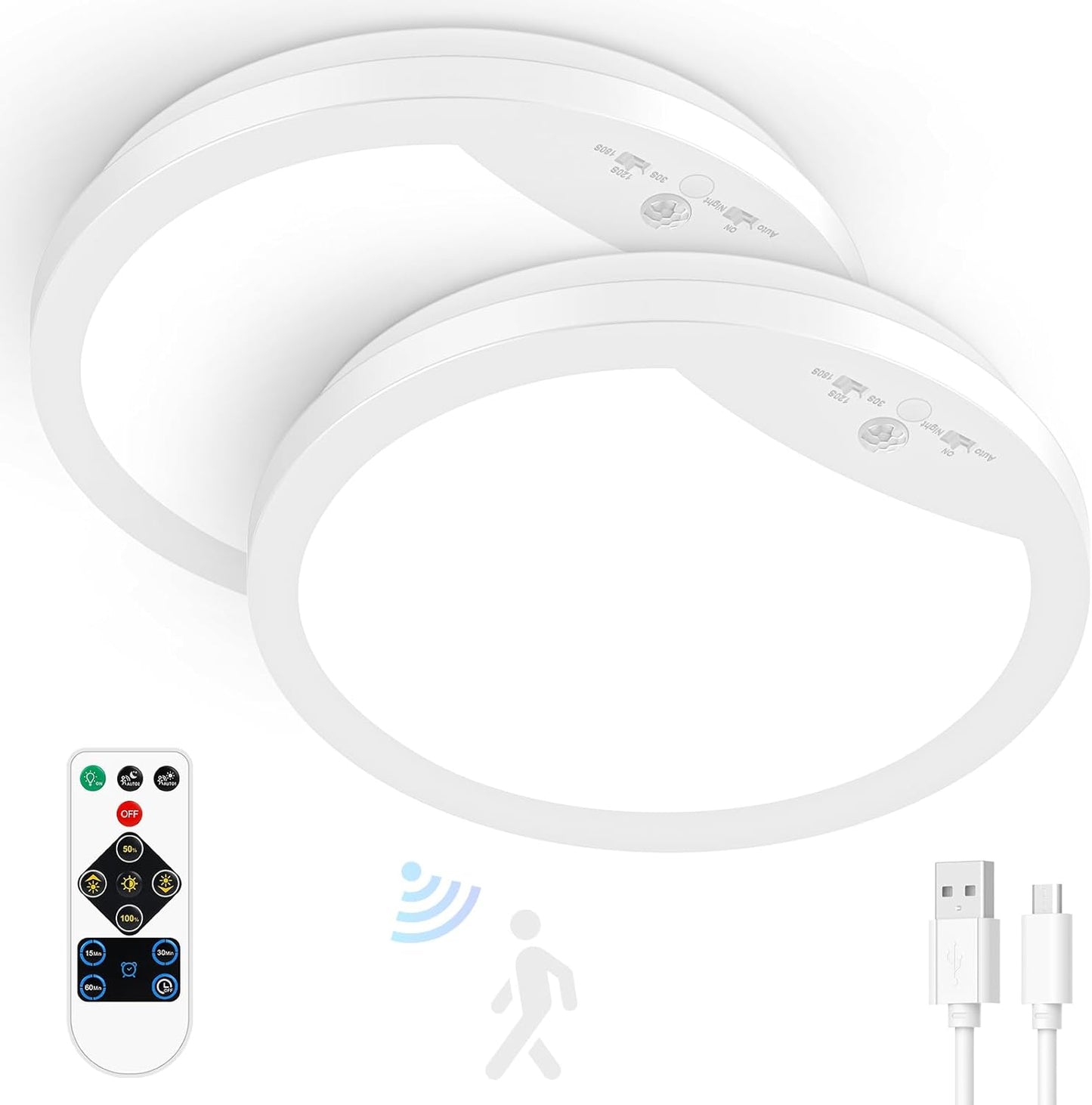 Lakumu 2-Pack 9" Rechargeable Motion Sensor Ceiling Light with Remote, Wireless LED Ceiling Light Battery Operated, No Wiring Battery Powered Ceiling Lights for Closet Shower Stairs Pantry, 3CCT