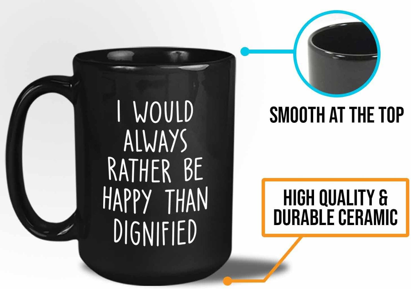 Bubble Hugs Writer Coffee Mug 15oz Black - I would always rather be happy than dignified - Reading Book Lover for Bookworm Bibliophile Librarians Author Readers Bookish