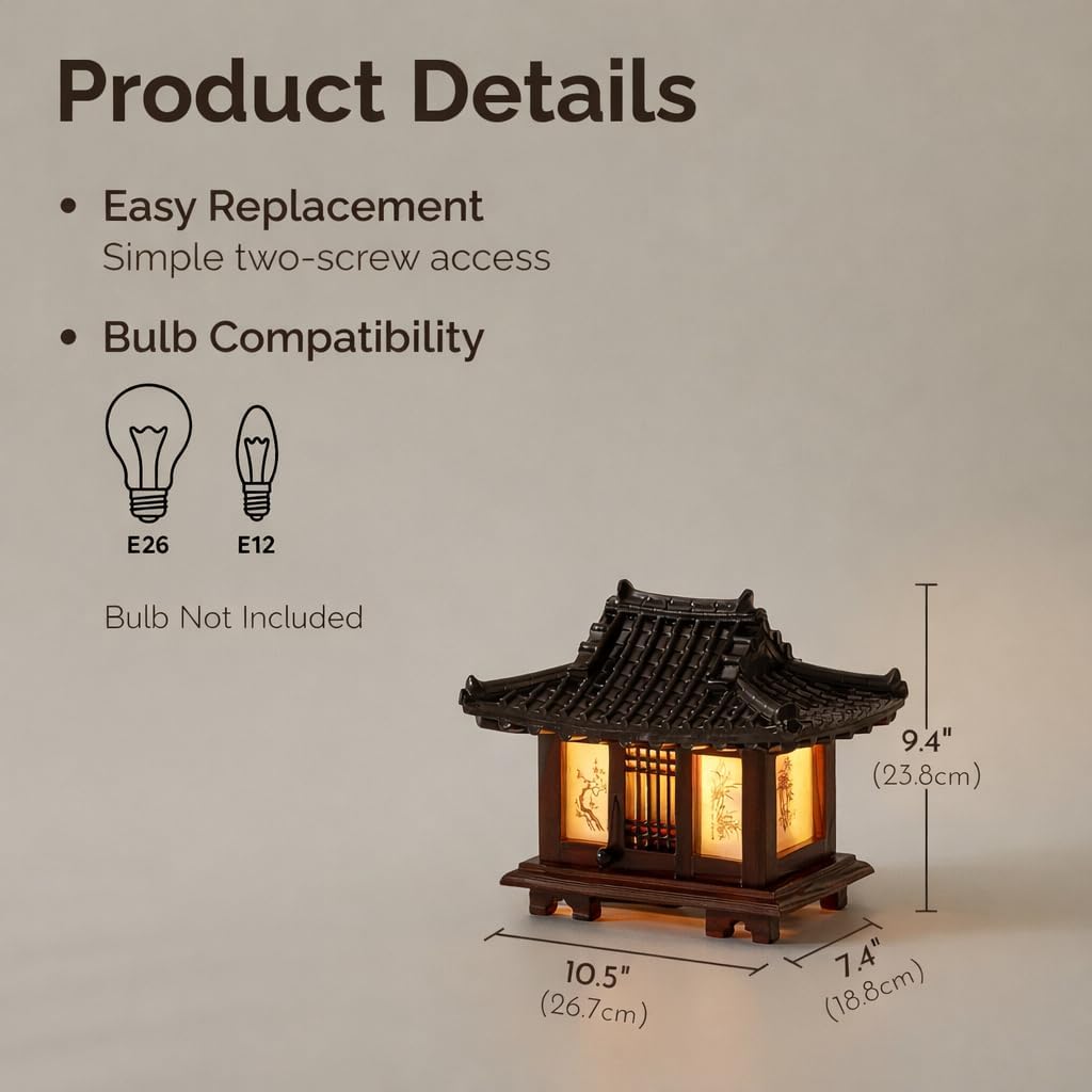 Antique Alive Carved Wood Table Lamp Handmade Traditional Korean Hanok Window Design Vintage Lamp Nightlight Art Home Deco Lantern Brown Asian Oriental Bedside Bedroom Accent Unusual Retro Light