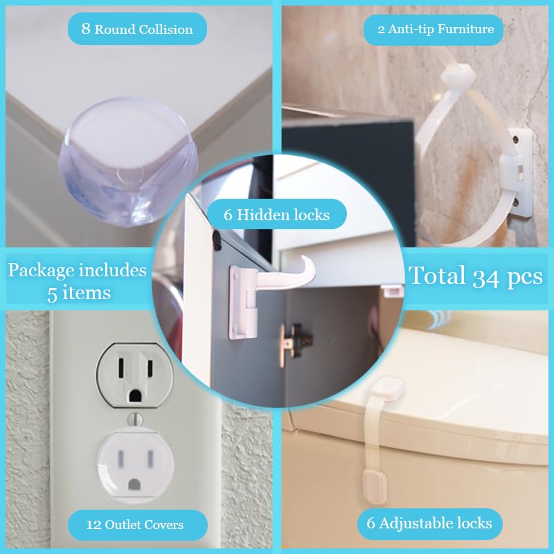 40 Pack Baby Proofing Kit | Hidden Cabinet Drawer Locks, Adjustable Latches, Outlet Covers, Corner Guards & Anti Tip Furniture Anchors Kit. Protecting Baby From Safety Hazards in Your Home.