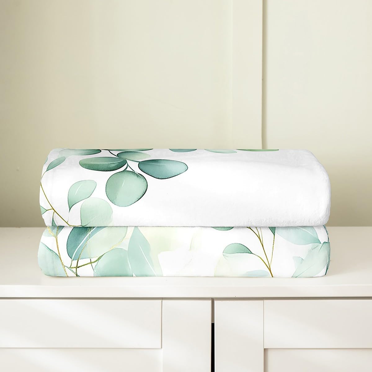 Erosebridal Green Leaves Throw Blanket,Modern Watercolor Botanical Fleece Blanket 40X50,Minimalist Style Blanket for Kids Girls Boys,Nature Fuzzy Blanket Soft Microfiber Bedroom Decor