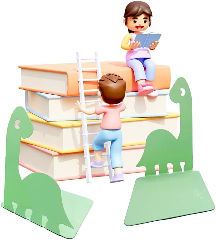 Artkingdome Cartoon Dinosaur Bookends, Book Ends Racks Stand, Nonskid Slip Dino Reading Room Decor, Metal Bookends, Decorative Gift