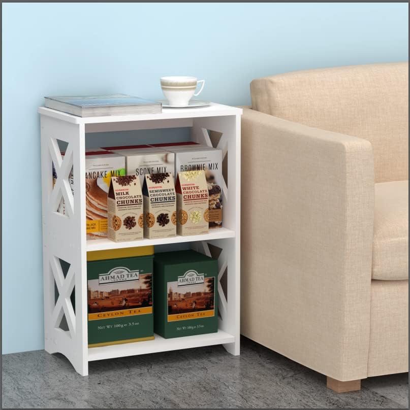Side Table, Narrow End Table with Storage Shelf, Minimalist Bedside Tables Nightstand, Small Bookshelf Bookcase, Bathroom Shelves, Display Rack for Bedroom, Living Room, Office, White.