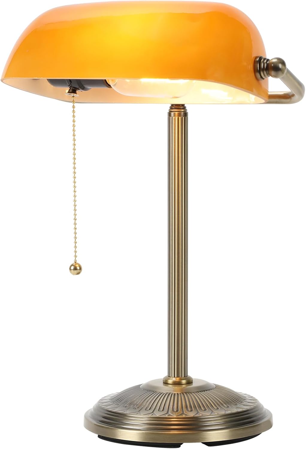 NISSAFORS Bankers Desk Lamp, Amber Glass Shade, Vintage Desk Lamp with Pull Chain Switch, Retro Table Lamps for Home Office (Brass+Amber, Small)