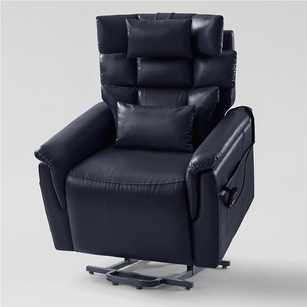 Power Lift Recliner Chair for Living Room, Blue Leather Electric Recliner with Adjustable Headrest and Lumbar Pillow Support, Ergonomic Oversized Single Seating