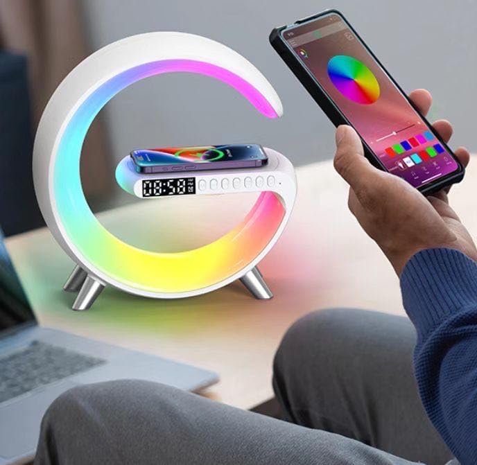 Smart LED Table Lamp, 4-in-1 Wireless Charger, Music Rhythm Ambient Night Light, Alarm Clock, and Bluetooth Speaker with App Control, G-Shaped Lamp for Bedroom, Office and Home Decor (White)