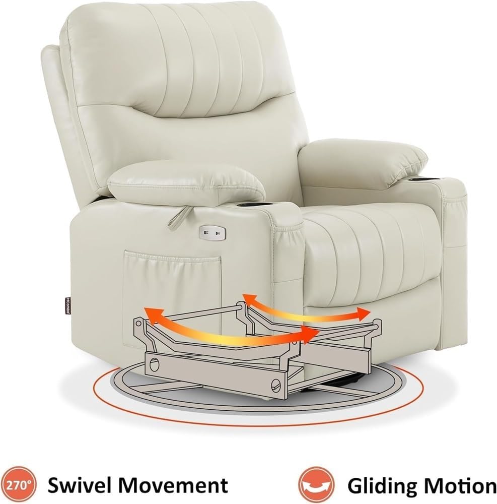 Power Swivel Glider Recliner with Heat & Vibration Massage – Oversized Electric Recliner Chair with USB Ports, Cup Holders, Side Storage Pockets, Large Comfort Sofa for Living Room