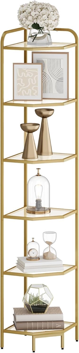 Corner Shelf Stand, 6-Tier Glass Bookshelf Bookcase, Bathroom Organizer, Plant Stand, Steel Frame, Tempered Glass, Modern Style for Living Room, Bathroom, Kitchen, Golden CS90600G