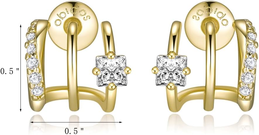 Obidos 14K Gold Plated Illusion Stud Earrings for Women | Triple Huggie Hoop Earrings for One Hole| Trendy Simple Hypoallergenic Fashion Accessories Gold Jewelry Gifts for Womens