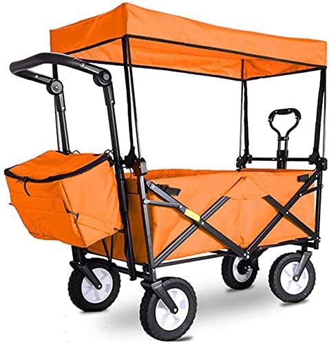 Outdoor Folding Utility Wagon Outdoor Shopping Cart with Romovable Canopy Portable Garden Cart with Storage Basket Foldable Beach Trolley Load-Bearing 80kg / 176lbs (Color : Red) (Orange)