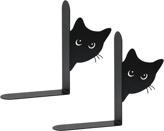 Cat Bookends - Metal Book Divider for Shelf Styling | Peeping Cat Decor Accent with Non-Slip Base Grip, Compact Upright Support & Artistic Silhouette Design for Kids Rooms, Home Offices, Desks and Lib