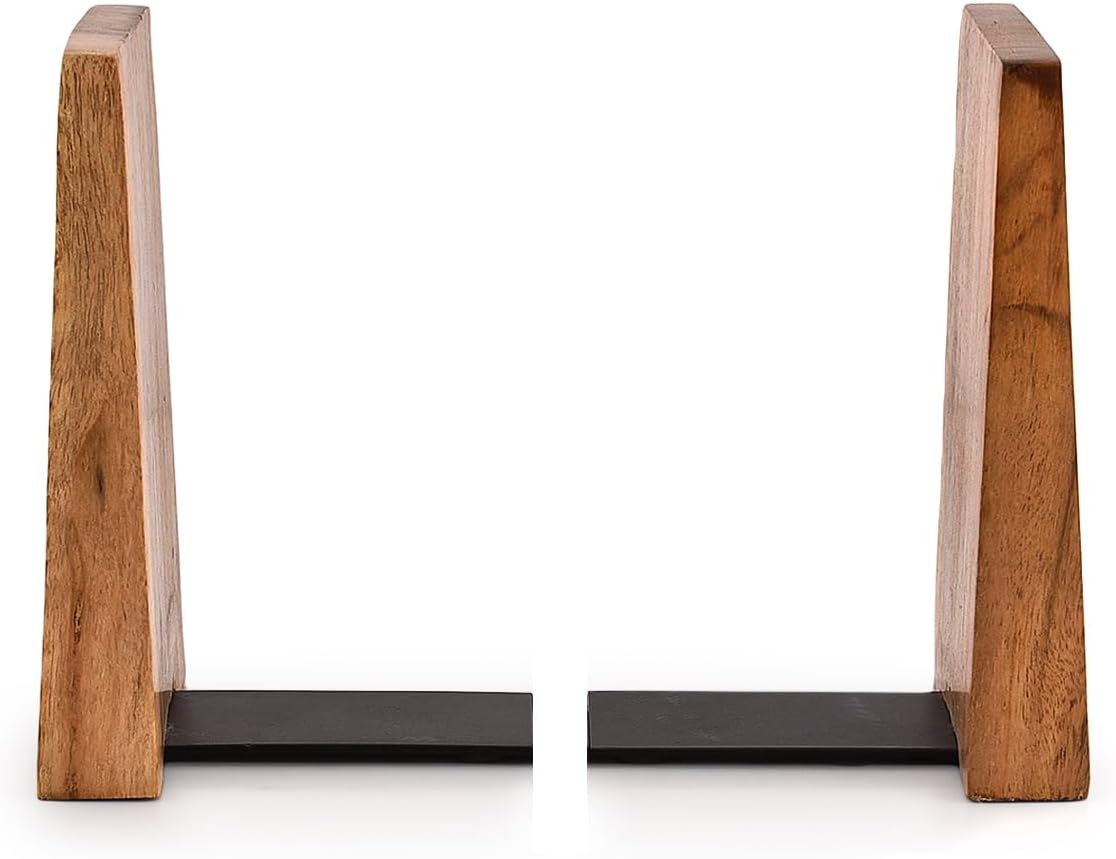 EDHAS Decorative Bookends Iron & Acacia Wood Decorative Bookshelf Book Ends Heavy Duty Bookends Desktop Organize Books (4" X 4" X 6"), (Set of 2)