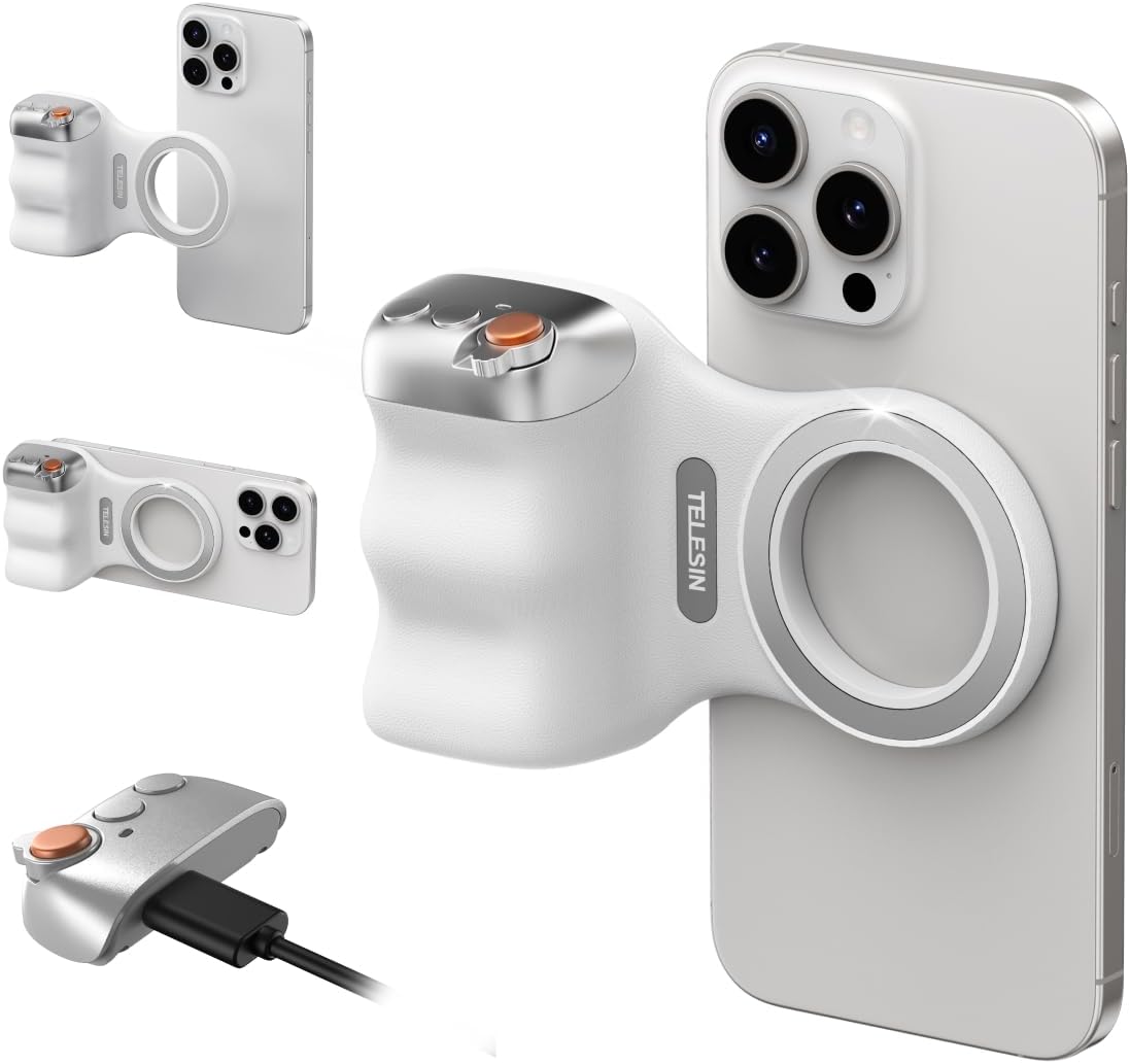 TELESIN Upgraded Magnetic Phone Camera DSLR Style Shutter Grip for iPhone & Android with Anti-Drop Detachable Wireless Shutter Button - 1/4" Screw - FunShot Comfort Ergonomic Camera Grip Handle Holder