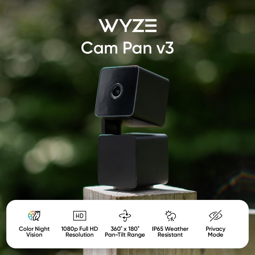 WYZE Cam Pan v3 Indoor/Outdoor IP65 1080P 360° Pan/Tilt/Zoom WiFi Smart Home Security Camera, Motion Tracking for Baby/Pet, Color Night Vision, Works with Alexa & Google, Free Expert Setup (Renewed)