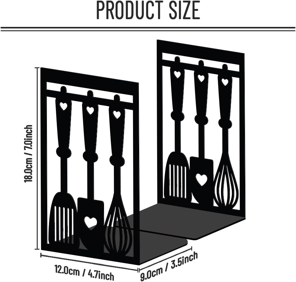 WADORN Kitchen Book Ends, Heavy Duty Decorative Book Ends for Shelves Metal Bookends Stopper Holder Stand Black Non-Skid Book End for Cookbook Cooking Lover Gifts for Desk Bookshelf Office Home