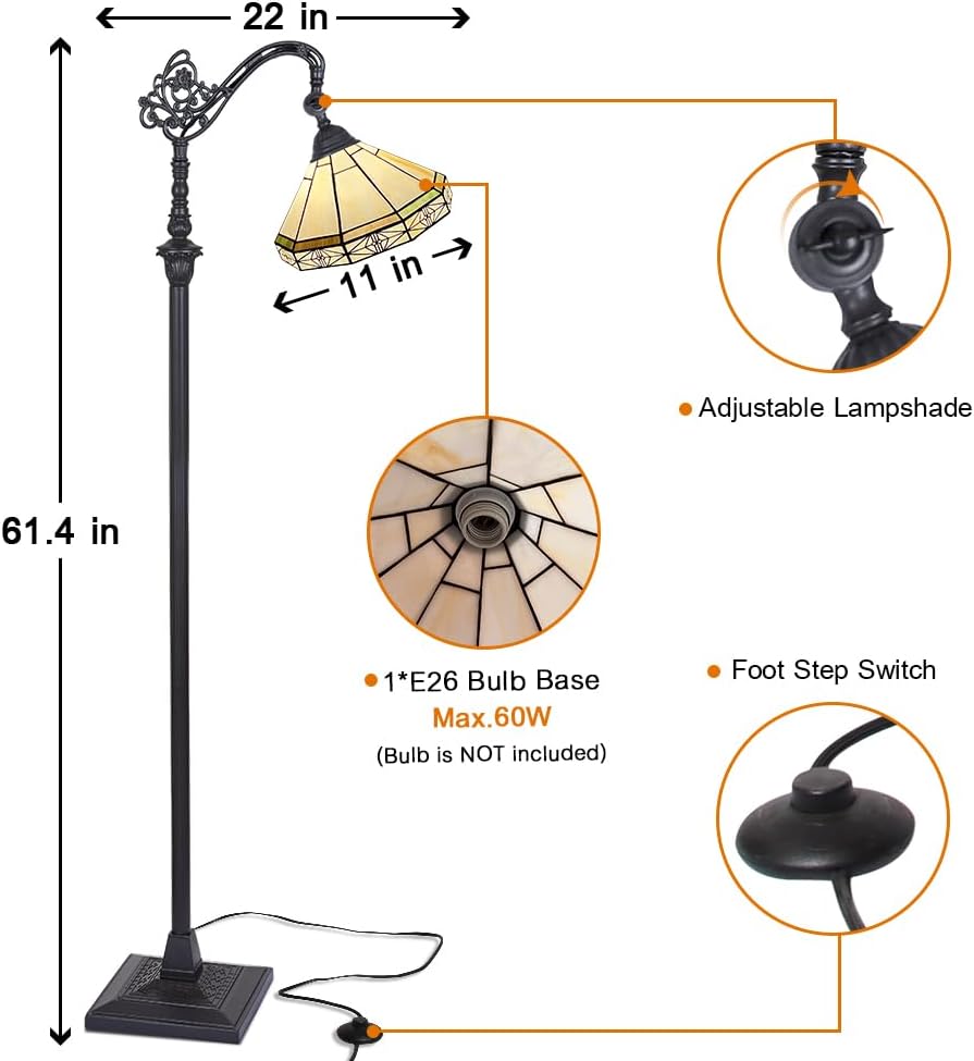 Capulina Tiffany Lamp Stained Glass Floor Lamp 62 Inches Tall Antique Cream Soft Light Arched Adjustable Angle Tiffany Style Reading Standing Lamp for Living Room Bedroom Home Office