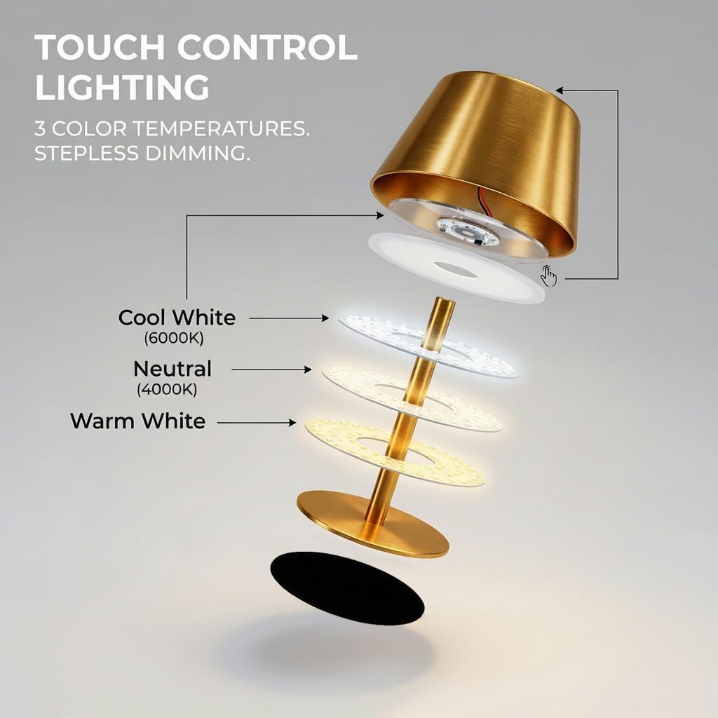 2 Pack Gold Cordless Table Lamp, All-Metal Brushed Finish Brass Cordless Table Lamp, Rechargeable with Long Battery Life, Touch Control Accent Light for Bedside, Dining Table, Living Room, Patio& Bar