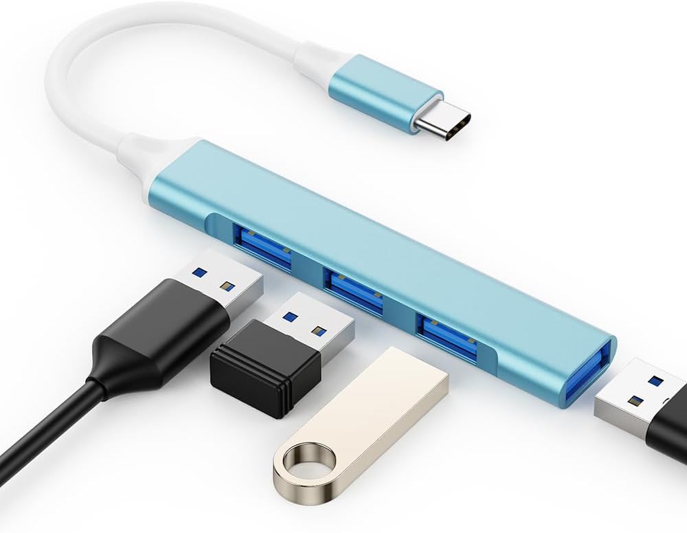 Mac USB C Adapter - Type C USB Adapter Hub with 4 Ports: 1 USB 3.0 + 3 USB 2.0, Ultra-Slim Aluminum Design, 5Gbps Transfer, Adapter for Mac USB C, Type C USB Hub (Light Blue)