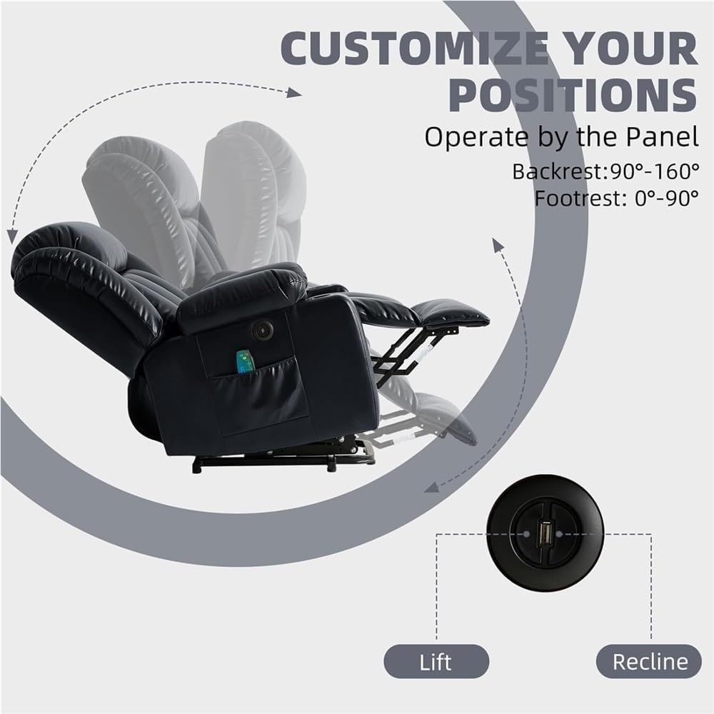 Power Lift Recliner Chair with Heat Massage USB Ports Cup Holders Electric Adjustable Recliner for Adults Remote Control Leather Upholstered Sofa Chair Ink Black