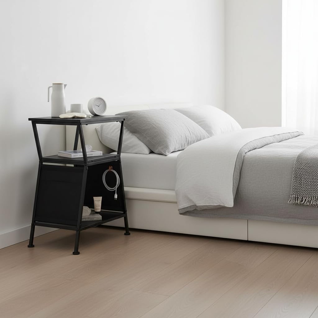End Table with Storage Bag, Three-Tier Trapezoidal Side Table with Storage Bag, Corner Table Sofa End Table for Living Room Bedroom