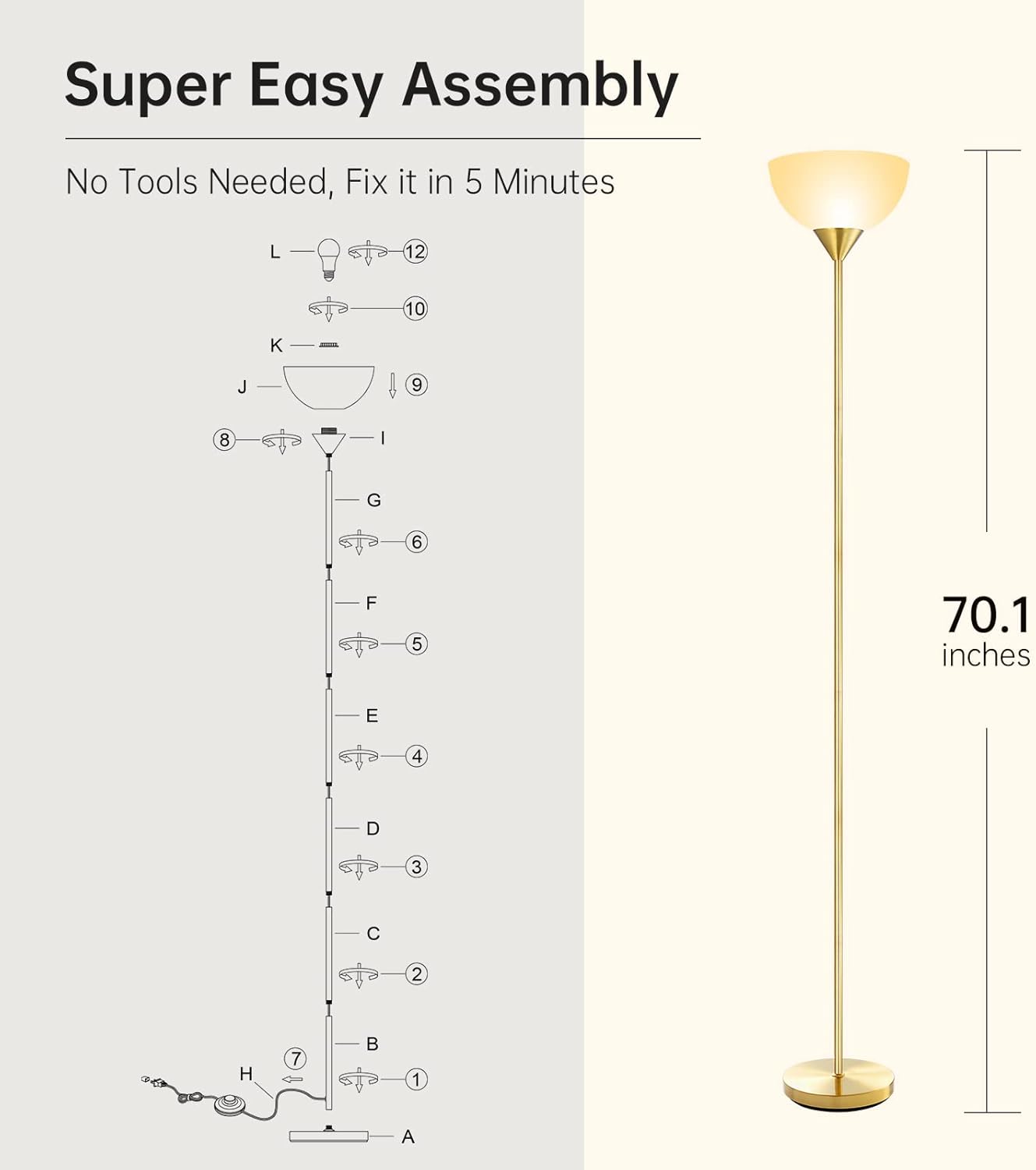 BoostArea Floor Lamp, 12W LED Standing Lamp, 70.1” Tall Lamp, Replacement LED Bulbs, 2700K Warm White, Eye-Caring, Torchiere Floor Lamps for Bedroom, Living Room, Office, Reading