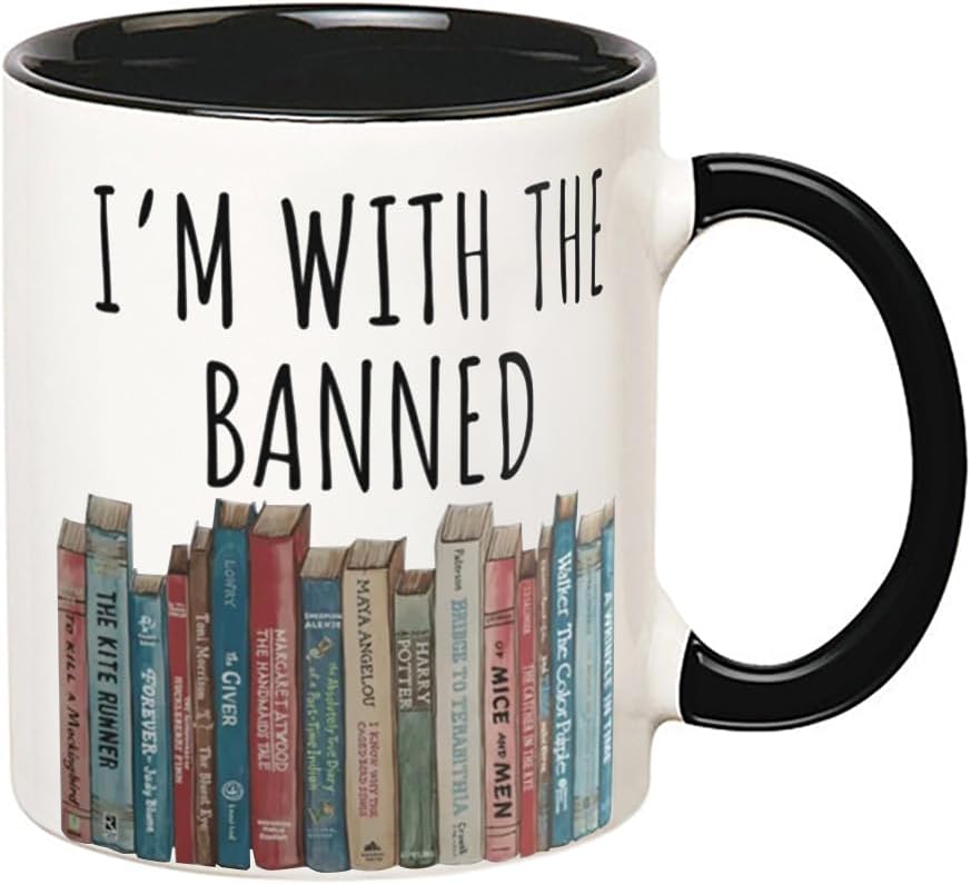 I'm With The Banned Books Mug, Librarian Gift, Book Lover Mug, Reading Lover Gift, 11 Oz Novelty Coffee Mug, Black
