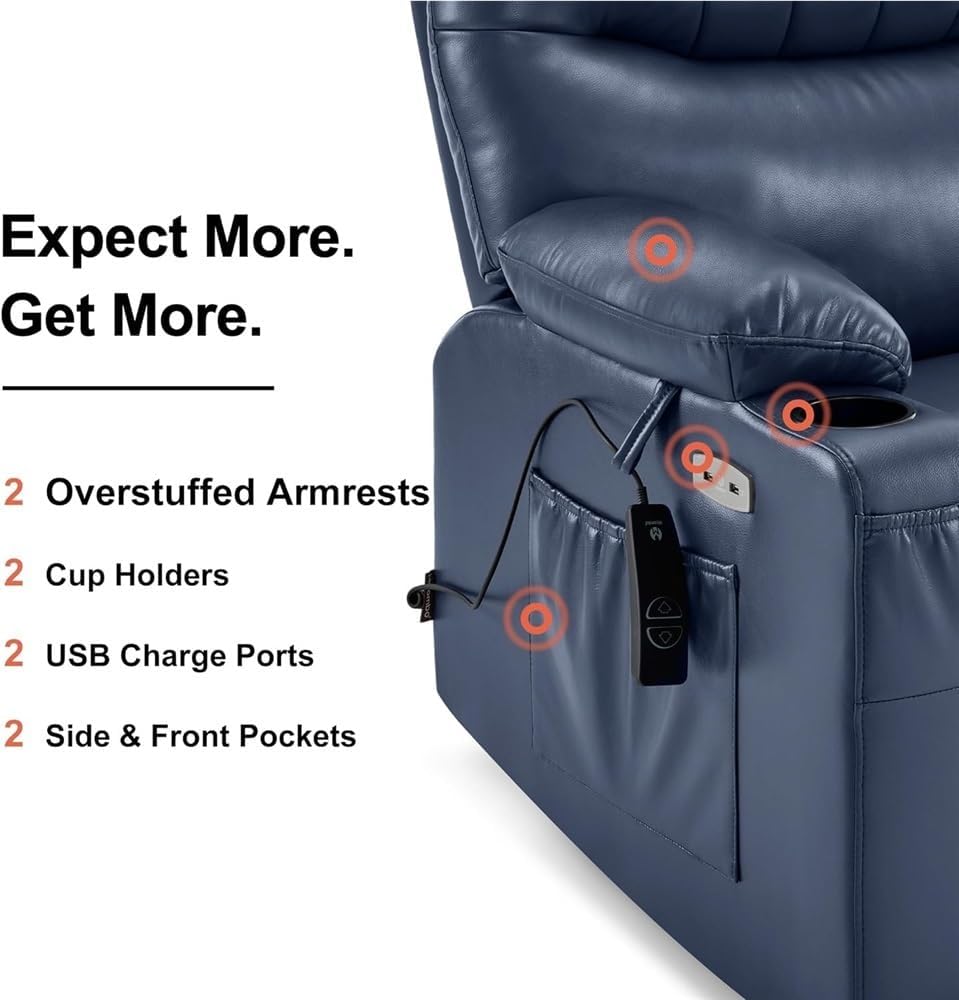 Power Swivel Glider Rocker Recliner Chair with Heat and Massage, Comfy Leather Nursery Chair with USB Ports & Cup Holders, Electric Reclining Sofa for Living Room, Blue