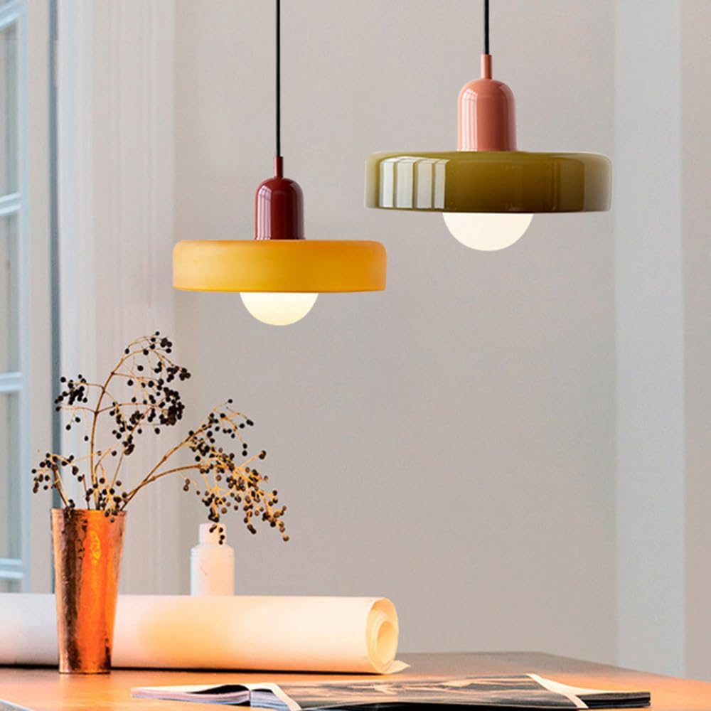 9.8" Nordic Mid Century Green Glass Pendant Hanging Light Modern Single Restaurant Lamp Vintage Farmhouse Ceiling Lamp Dining Room Chandelier for Over Table Kitchen Island Bedroom Hallway E26
