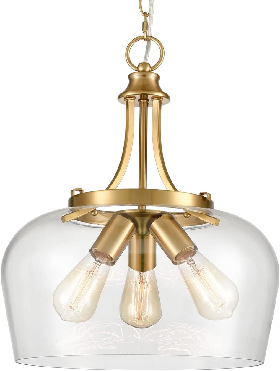 Modern Gold Pendant Light Mid Century 3-Light Clear Glass Pendant Lighting with Adjustable Chain Hardwired Brass Glass Pendant Lights Kitchen Island for Dining Room Bedroom Living Room